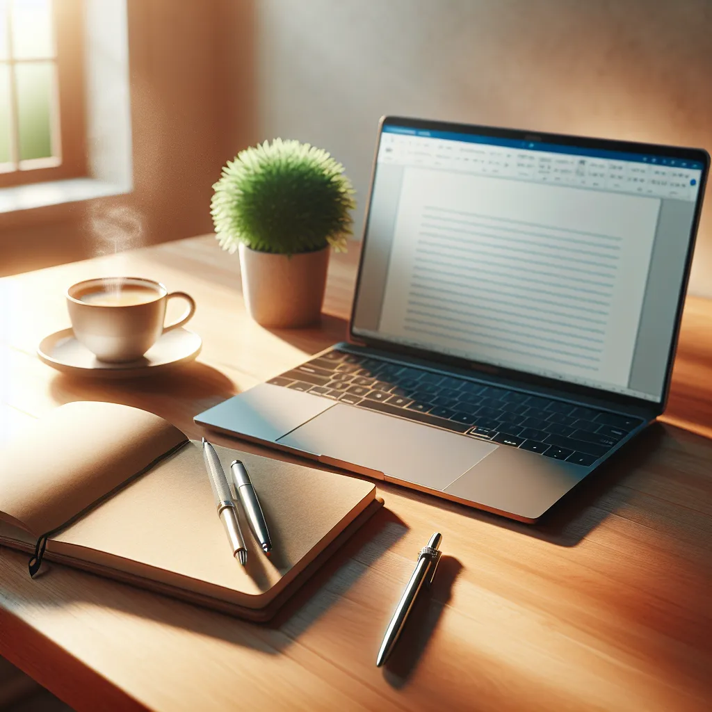 Creative writing desk with laptop and notebook