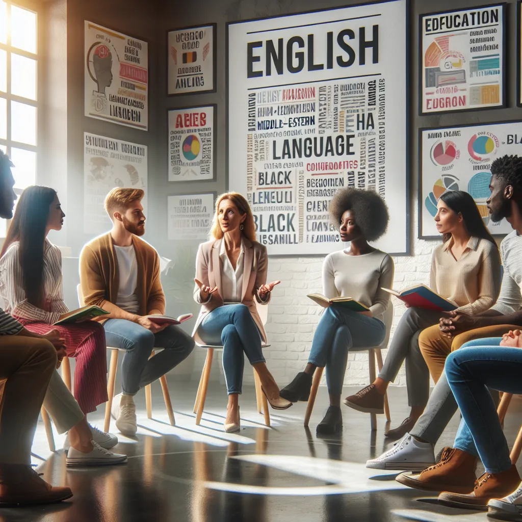 Diverse group of people engaged in English discussion