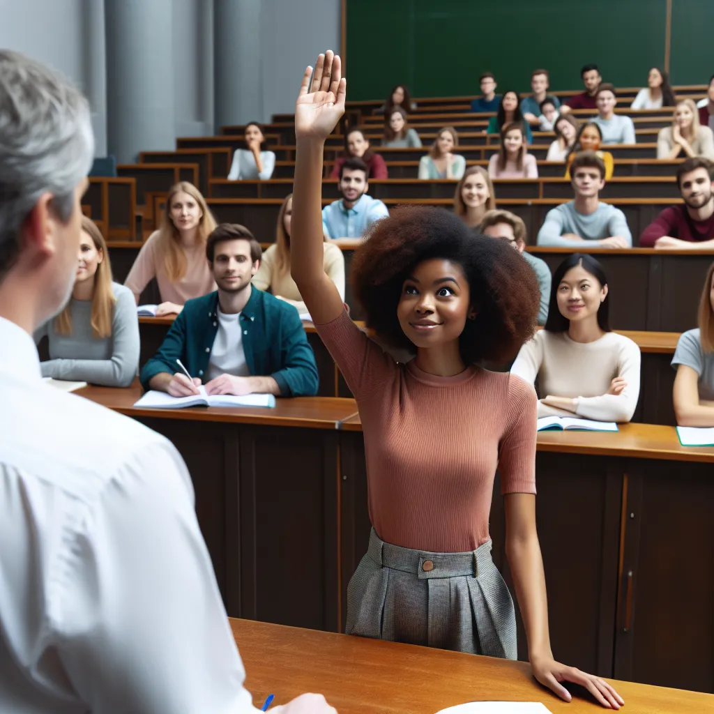 Student asking a question during an English lecture