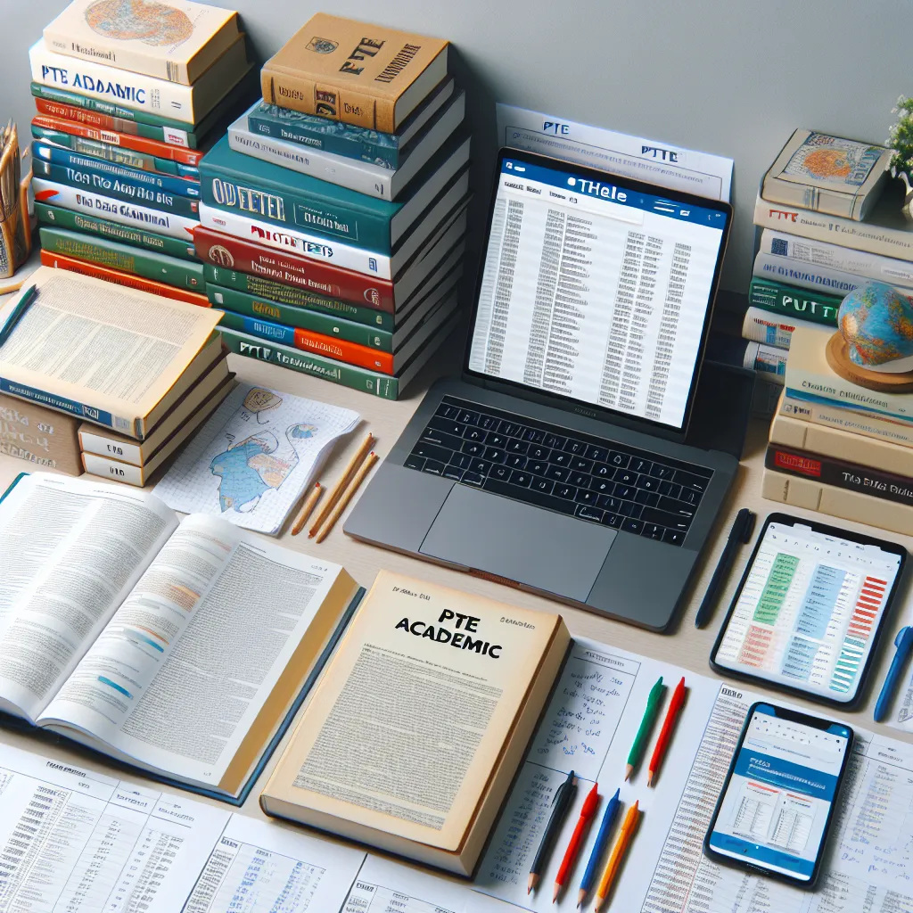 PTE study materials on desk