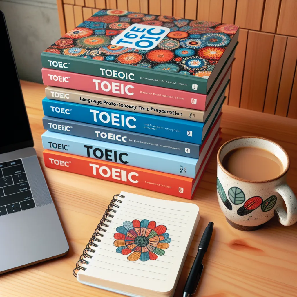 TOEIC preparation books on a desk